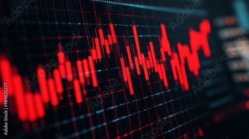 Obraz na płótnie A close-up of a fluctuating red graph line on a digital screen, representing decline or data analysis in finance or technology. w salonie