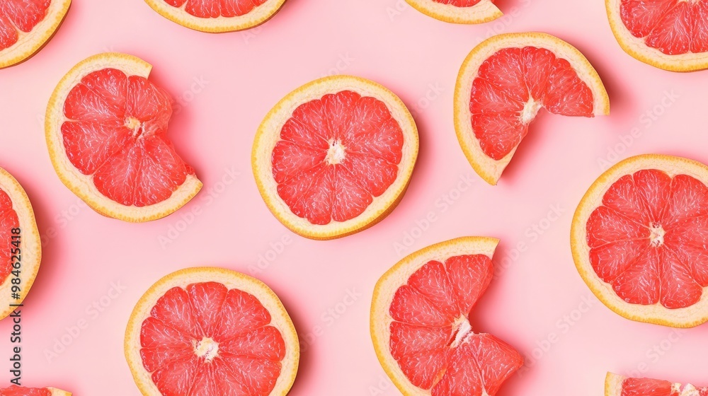 Seamless flat lay pattern of cut grapefruit on a pink background Seamless flat lay pattern of cut grapefruit on a pink background