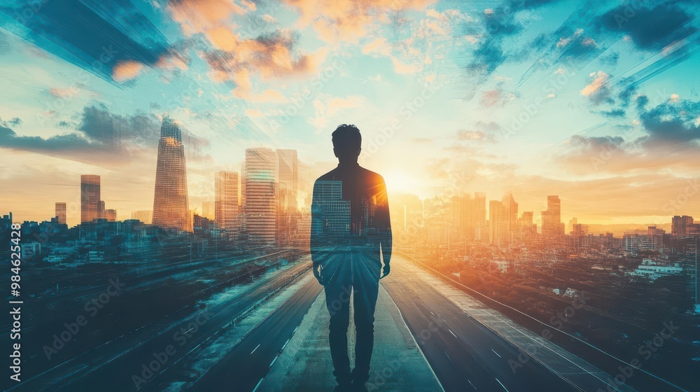 A person standing at the crossroads of transformation and ambition, bold perspective, copy space, bright contrasts, Double exposure silhouette with a city skyline and open road A person standing at the crossroads of transformation and ambition, bold perspective, copy space, bright contrasts, Double exposure silhouette with a city skyline and open road