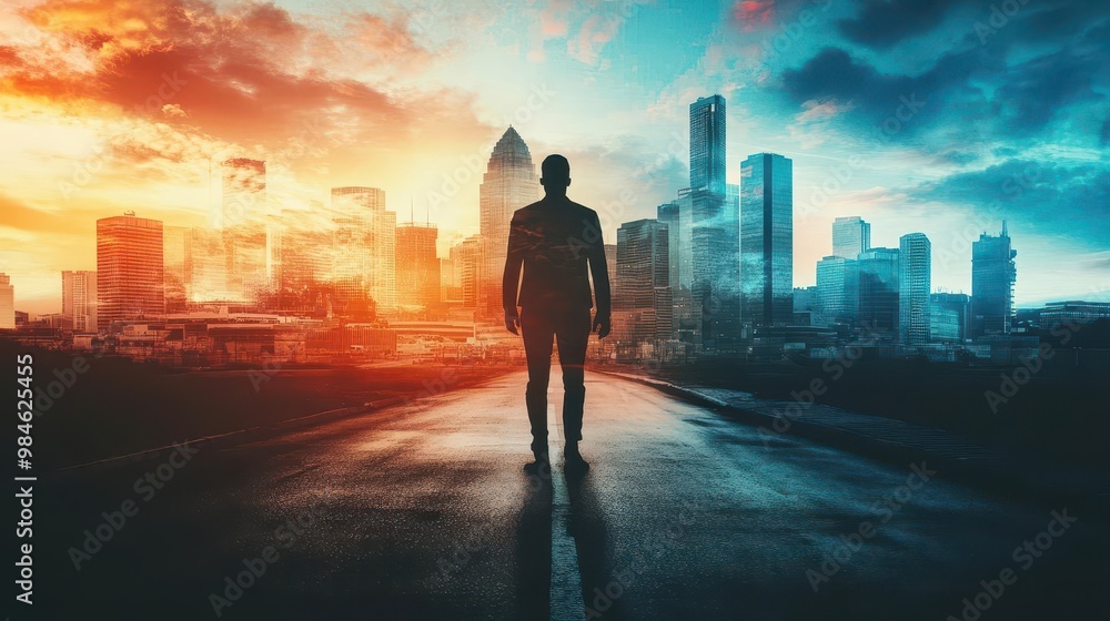 A person standing at the crossroads of transformation and ambition, bold perspective, copy space, bright contrasts, Double exposure silhouette with a city skyline and open road A person standing at the crossroads of transformation and ambition, bold perspective, copy space, bright contrasts, Double exposure silhouette with a city skyline and open road