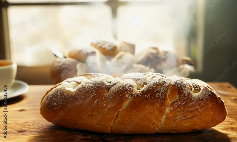 Freshly baked bread on a wooden table Video hyperrealistic Freshly baked bread on a wooden table Video hyperrealistic