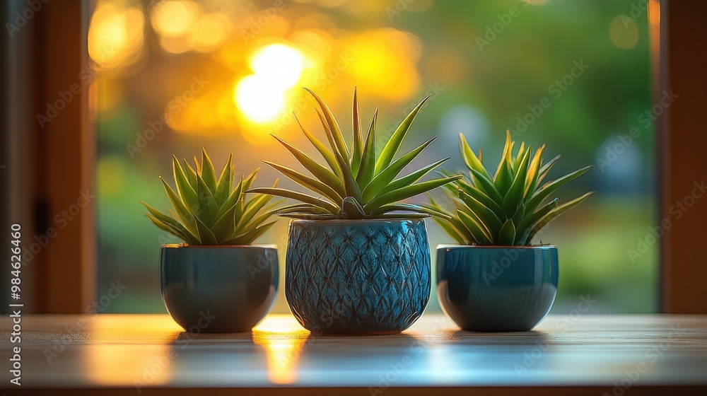 Peaceful Indoor Oasis with Potted Plants on Wooden Window Shelf. Peaceful Indoor Oasis with Potted Plants on Wooden Window Shelf.