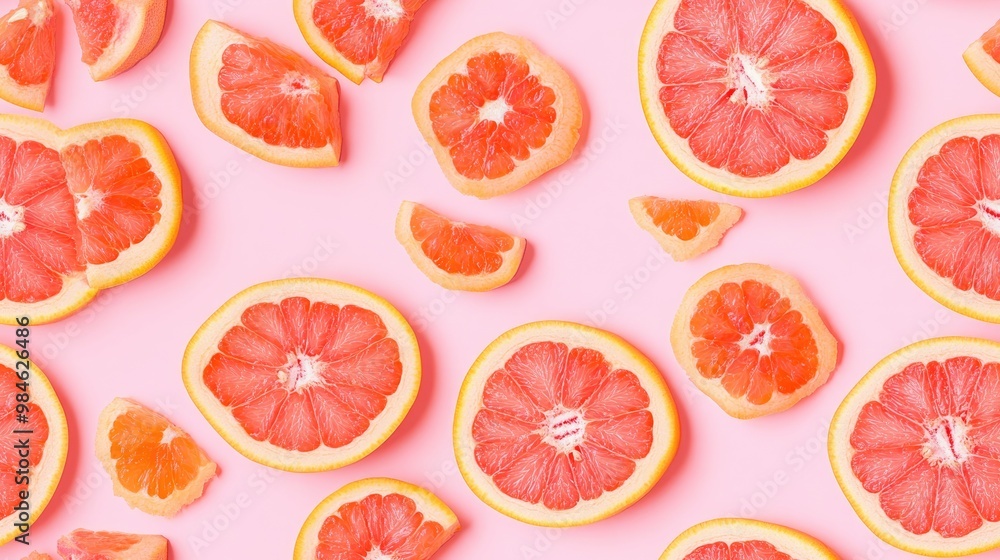 Seamless flat lay pattern of cut grapefruit on a pink background Seamless flat lay pattern of cut grapefruit on a pink background