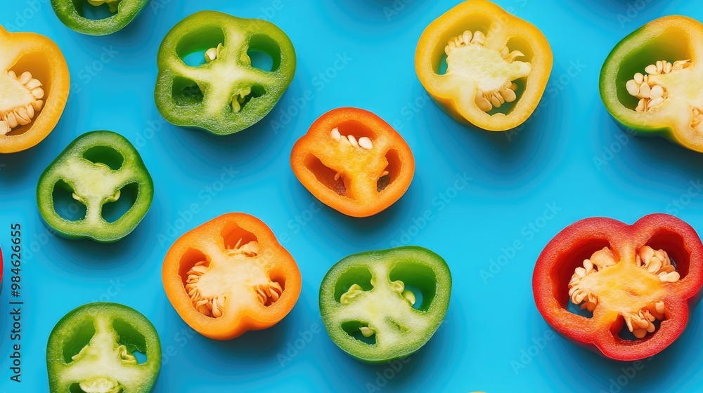 Sliced vegetable pepper on a blue background Aesthetic healthy food pattern Sliced vegetable pepper on a blue background Aesthetic healthy food pattern