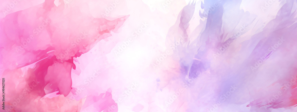 Fototapeta premium Watercolor wash creates a dreamy, abstract background with soft pink and purple hues on a transparent canvas