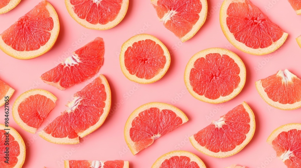 Seamless flat lay pattern of cut grapefruit on a pink background Seamless flat lay pattern of cut grapefruit on a pink background