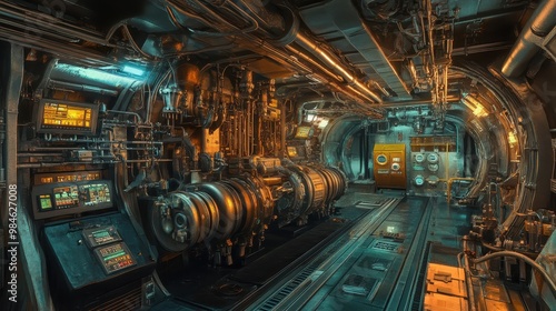 Futuristic Spacecraft Interior with Machinery and Panels