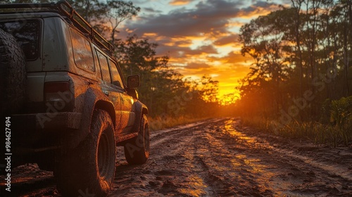 Tropical Rainforest Scene: Off-Road Vehicle on Muddy Path at Golden Hour.