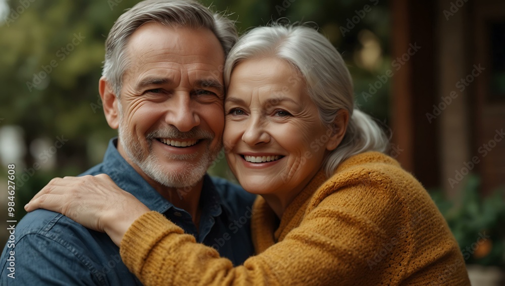 Senior Couple Smiling and Hugging, Warm Family Moment Senior Couple Smiling and Hugging, Warm Family Moment