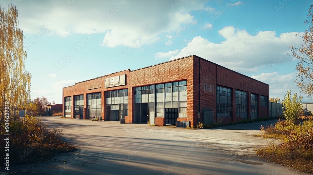 Abandoned Brick Warehouse with Large Windows and Fall Foliage Abandoned Brick Warehouse with Large Windows and Fall Foliage