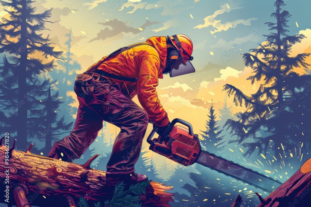 A man in a yellow jacket is cutting down a tree with a chainsaw A man in a yellow jacket is cutting down a tree with a chainsaw