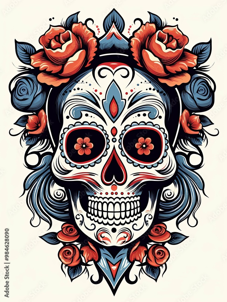 Naklejka premium Ornate Sugar Skull with Red Roses and Blue Floral Accents