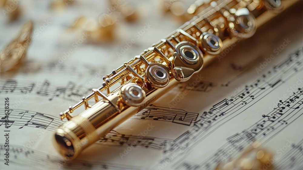 Naklejka premium A Gold Flute Resting on Sheet Music