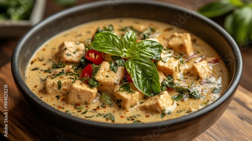 Close-up of a bowl of delicious Thai green curry with tofu.