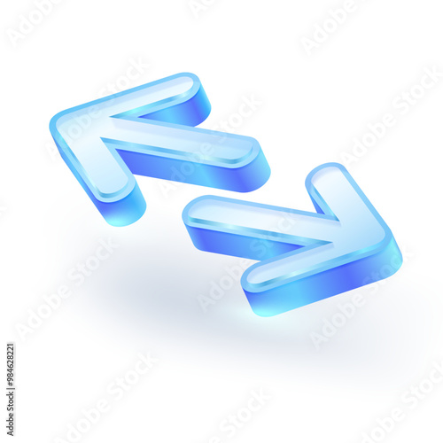 3D data transfer arrow icon or transaction, exchange and communication. Transparent blue crystal glass material. Realistic vector illustration.