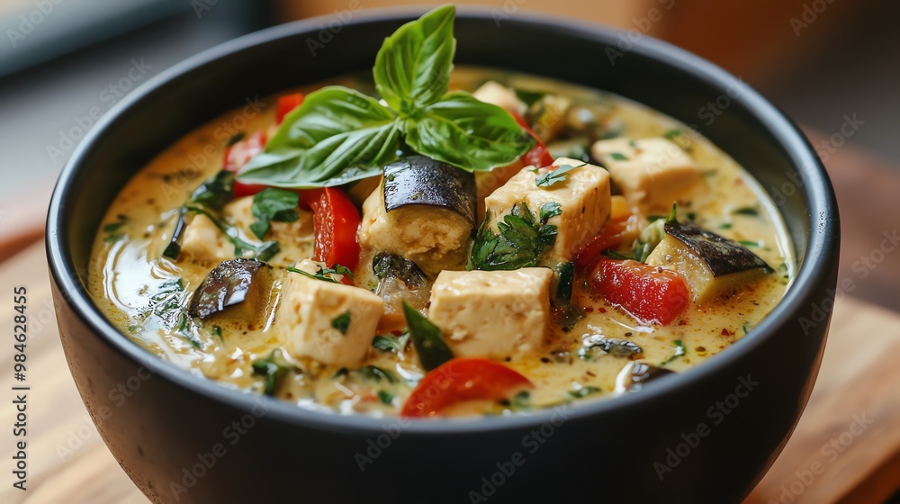 Vegetarian green curry is often packed with vegetables like eggplant, bell peppers, zucchini, and tofu for added texture Vegetarian green curry is often packed with vegetables like eggplant, bell peppers, zucchini, and tofu for added texture