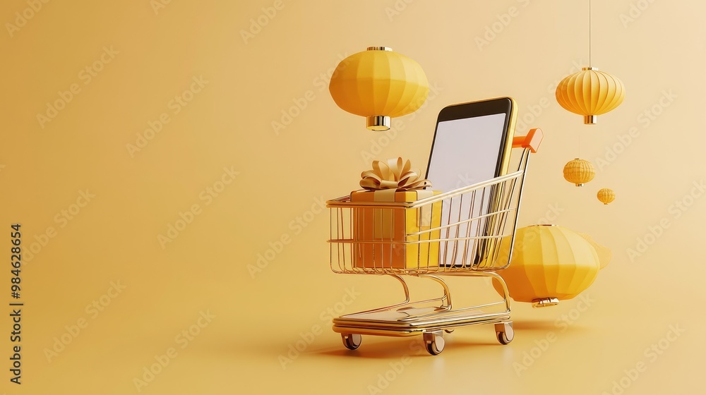 A shopping cart with a gift box and a blank phone screen, surrounded by yellow lanterns on a yellow background. A shopping cart with a gift box and a blank phone screen, surrounded by yellow lanterns on a yellow background.