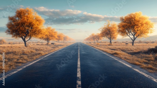 Empty Road Through Golden Autumn Trees with Foggy Horizon at Sunset - Nature Photography