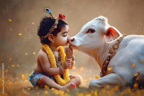 This cute little Krishna is with the revered cow, a devotional event celebrated by Indian religions such as Hinduism, Govardhan Puja, and Vasubaras. It is the Hindu festival of Krishna Janmashtami. photo