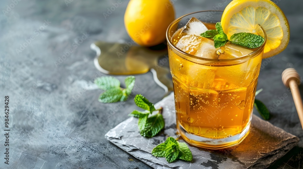 Freshly Brewed Iced Green Tea with Honey and Lemon Garnish Freshly Brewed Iced Green Tea with Honey and Lemon Garnish