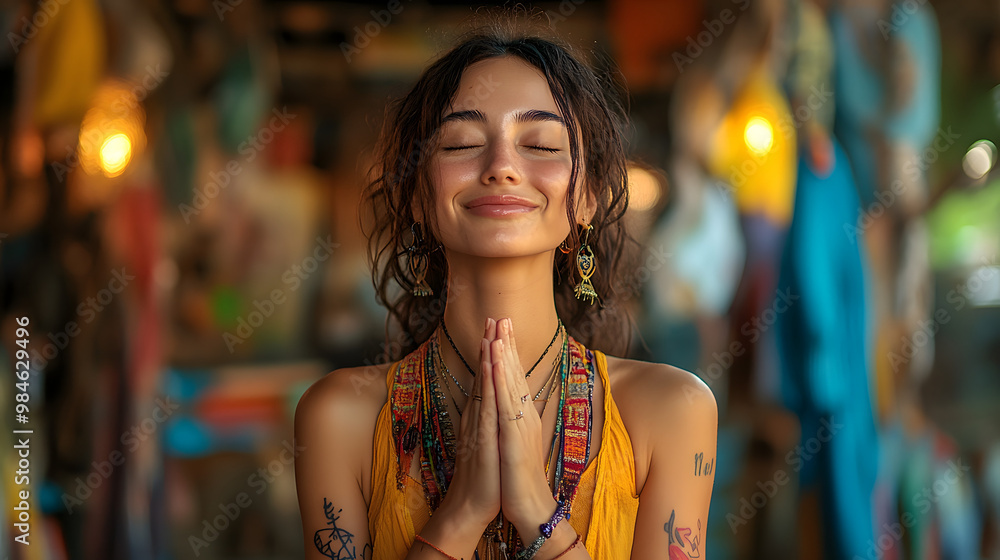 A serene woman with a joyful expression, embodying peace and gratitude with her hands clasped in prayer amidst a colorful backdrop. A serene woman with a joyful expression, embodying peace and gratitude with her hands clasped in prayer amidst a colorful backdrop.
