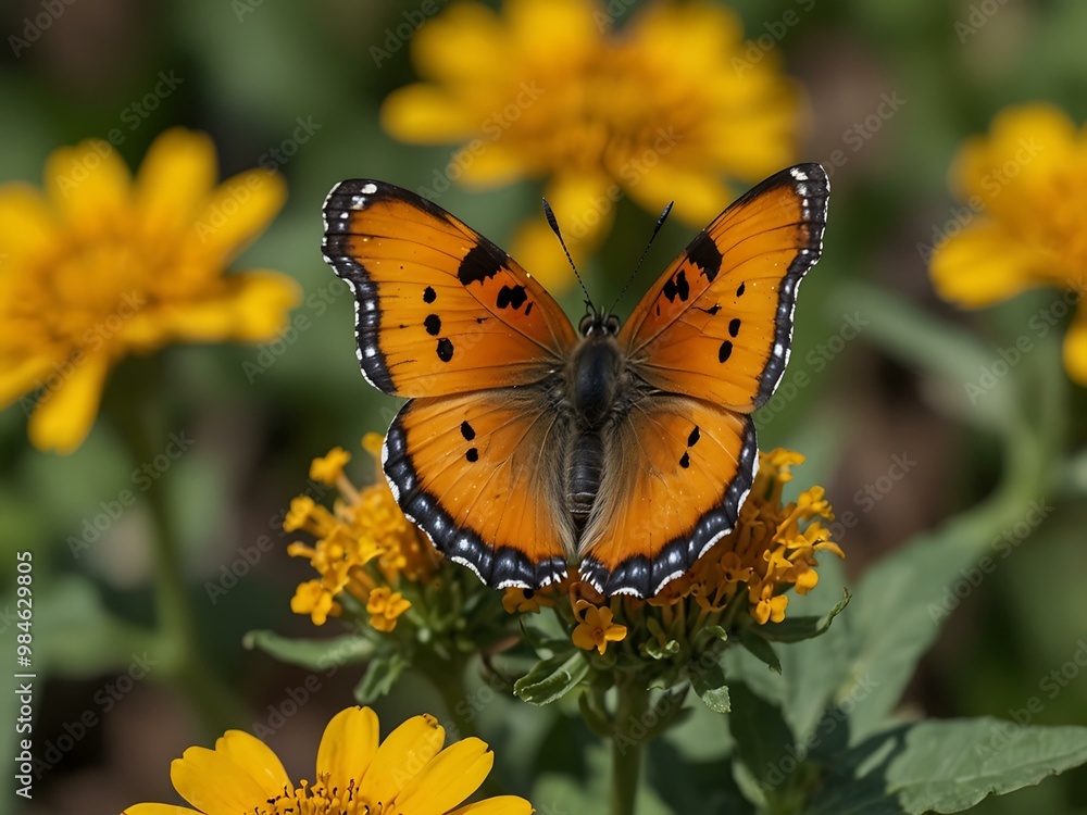 Single orange butterfly with black spots resting on yellow flowers. Single orange butterfly with black spots resting on yellow flowers.