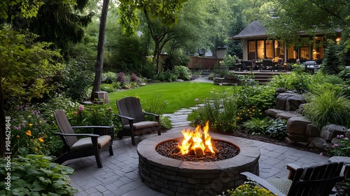 A cozy outdoor setting with comfortable chairs around an inviting fire pit, surrounded by lush greenery and a well-organized home garden, offering warmth on cool nights in the yard.