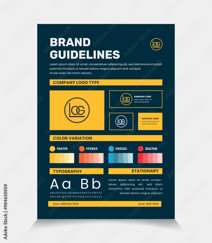 A4 Brand Guidelines Poster Layout, Simple style and modern Brand Guidelines, Brand identity Template. A4 Brand Guidelines Poster Layout, Simple style and modern Brand Guidelines, Brand identity Template.