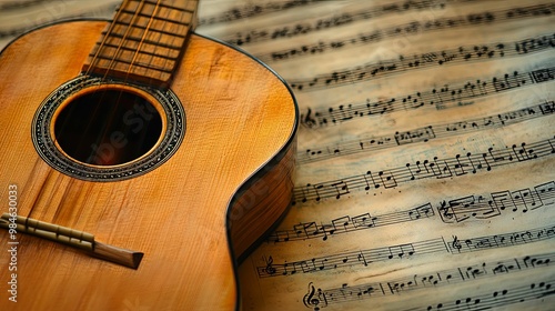 Close-up of a Classical Guitar and Sheet Music