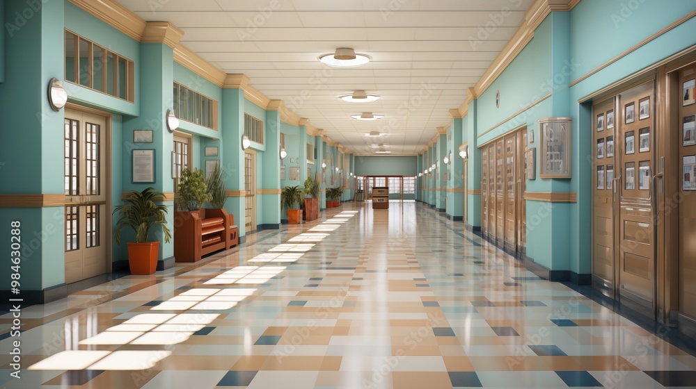 A high school hallway with students casually walking. A high school hallway with students casually walking.
