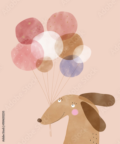 Cute Birthday Vector Card with Happy Brown Dog and Air Balloons. Funny Dog ​​Holding Bunch of Balloons. Lovely Hand Drawn Nursery Art with Sweet Puppy ideal for Kids' Room Decoration, Wall Art. 