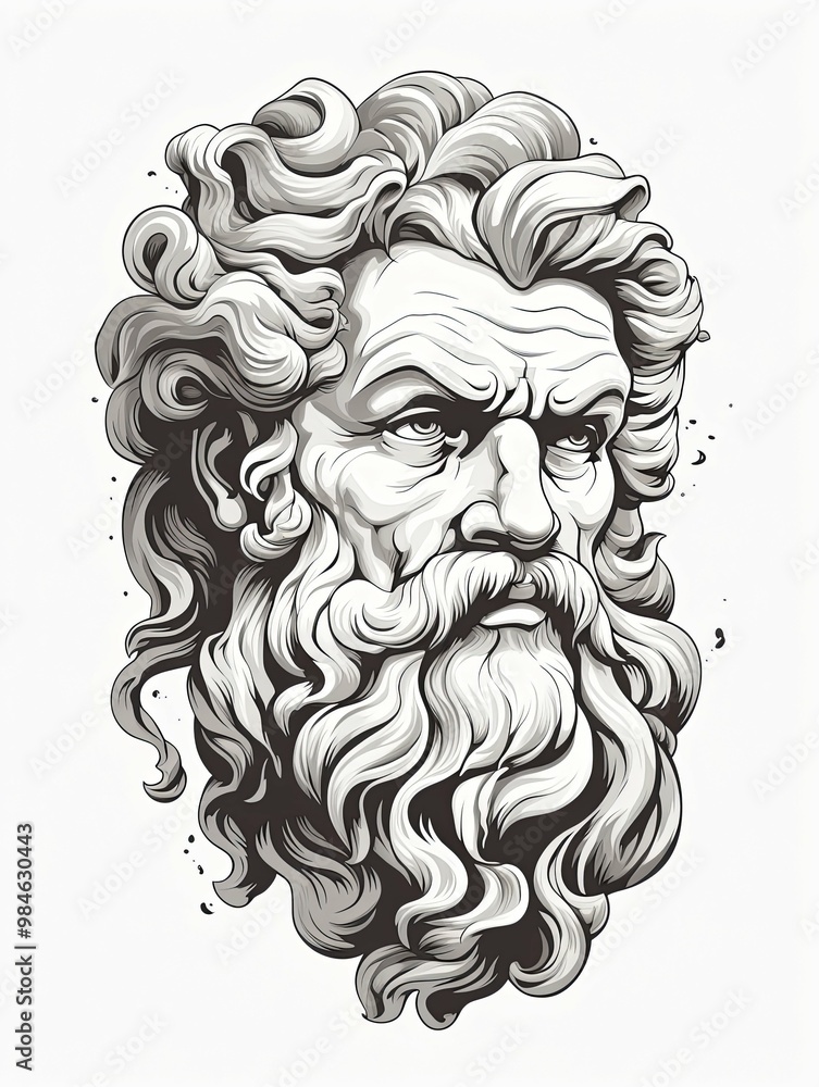 A detailed illustration of a sculpted head with flowing hair and a beard