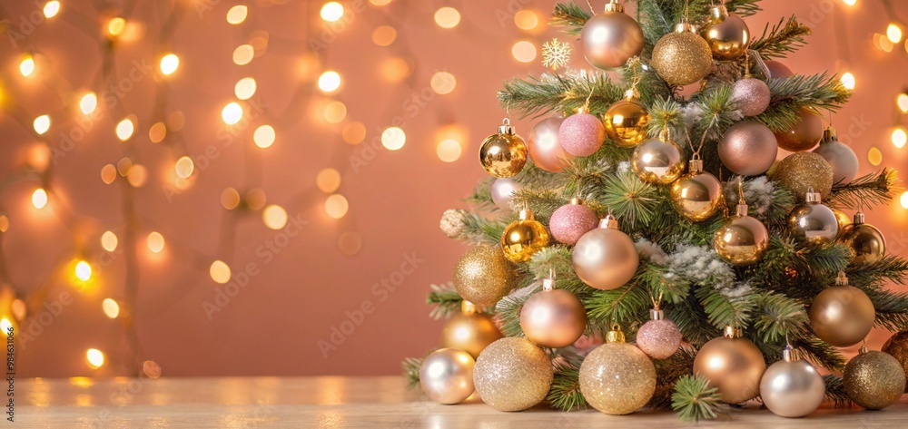 Fototapeta premium Christmas Tree With Baubles balls And Blurred Shiny Lights ornaments decoration