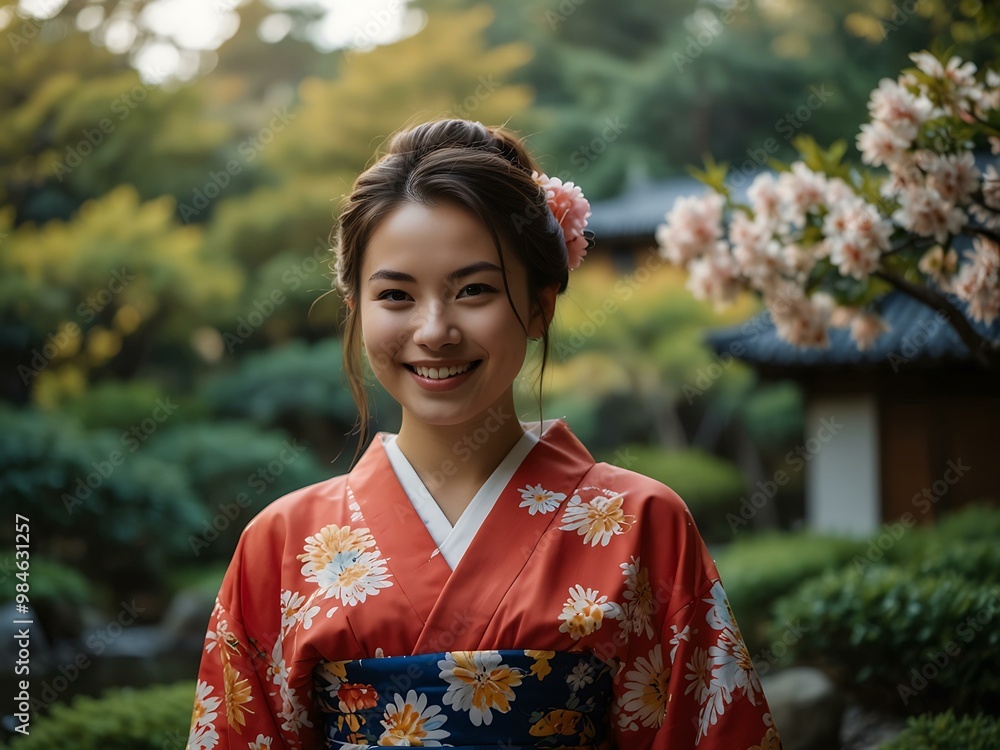 Smiling young woman in a traditional Japanese kimono standing in a garden. Smiling young woman in a traditional Japanese kimono standing in a garden.