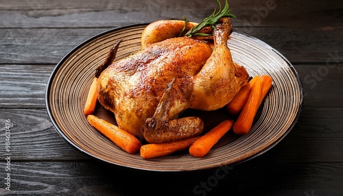 Juicy roasted chicken with crispy skin, golden brown, served with a side of glazed carrots and rosemary, rustic setting.
