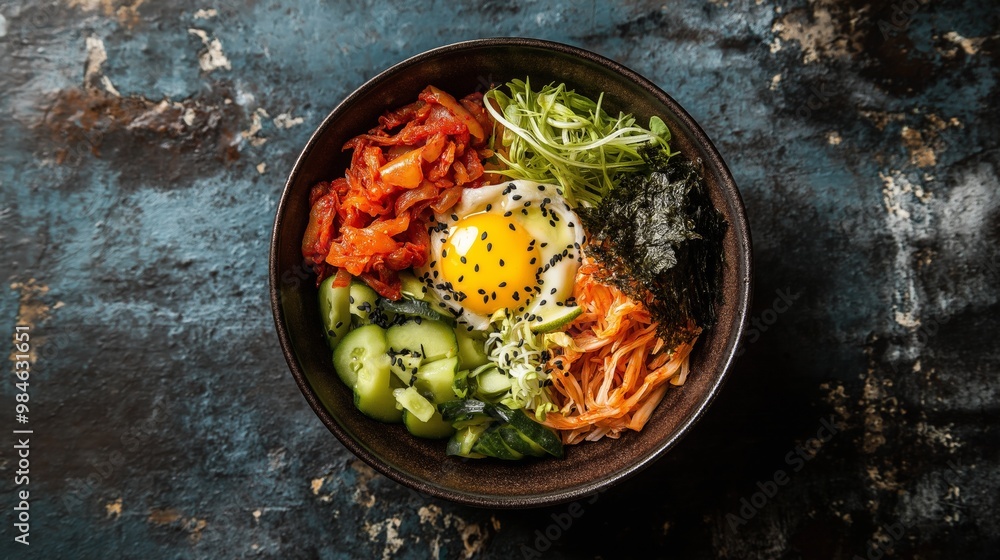 Colorful bowl of bibimbap with fresh vegetables, fried egg, and kimchi served on a textured dark surface. Colorful bowl of bibimbap with fresh vegetables, fried egg, and kimchi served on a textured dark surface.