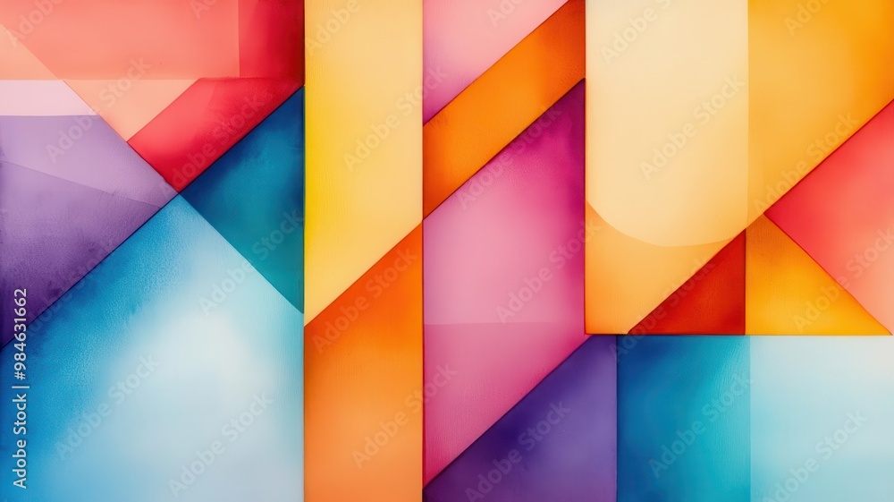 Multicolored geometric shapes, sharp lines, and flowing transitions, watercolor illustration Multicolored geometric shapes, sharp lines, and flowing transitions, watercolor illustration