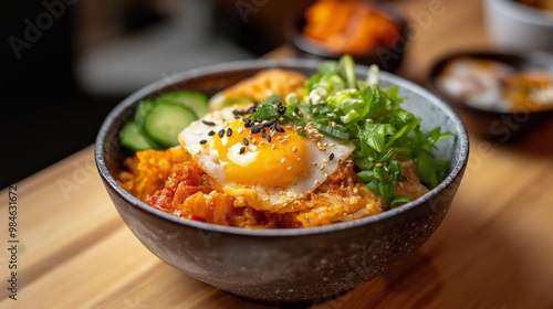 Delicious bowl of fried rice topped with a sunny-side-up egg, fresh green onions, and cucumbers served in a rustic restaurant setting.