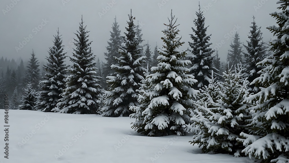 Snow-covered firs in a serene winter scene. Snow-covered firs in a serene winter scene.
