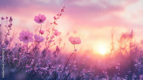 Wildflowers blooming in field under pink sunset create serene and enchanting atmosphere. soft hues of pink and purple evoke sense of tranquility and beauty