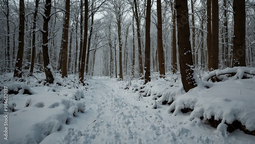 Snowy forest path.