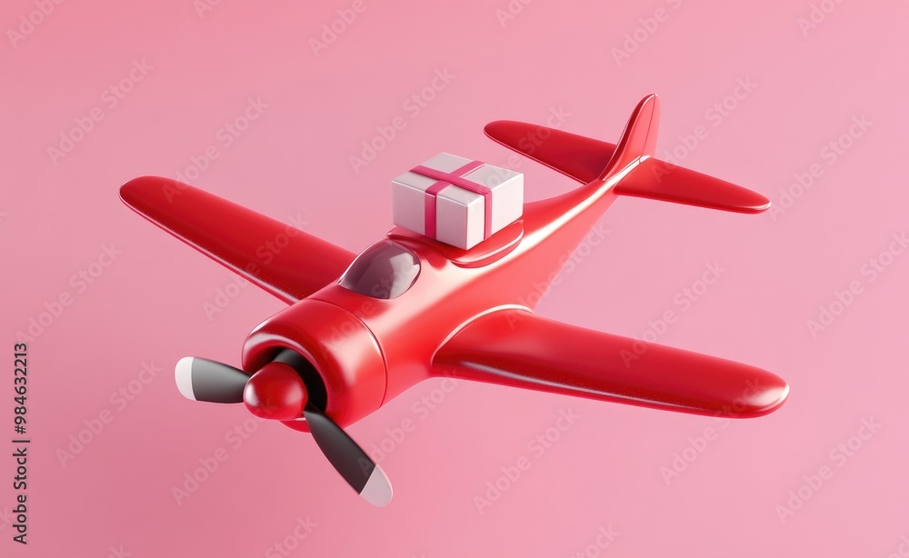 Red toy airplane carrying a gift box on a pink background. Red toy airplane carrying a gift box on a pink background.