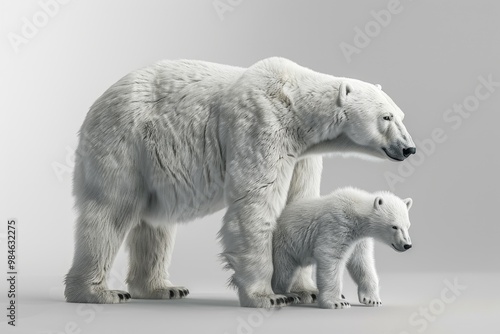 Polar bear with cub walking together. Animal portrait of bear with white fur walking on ice while preparing for hunting pray. Wildlife photography of Arctic animals. Climate change design. AIG51.