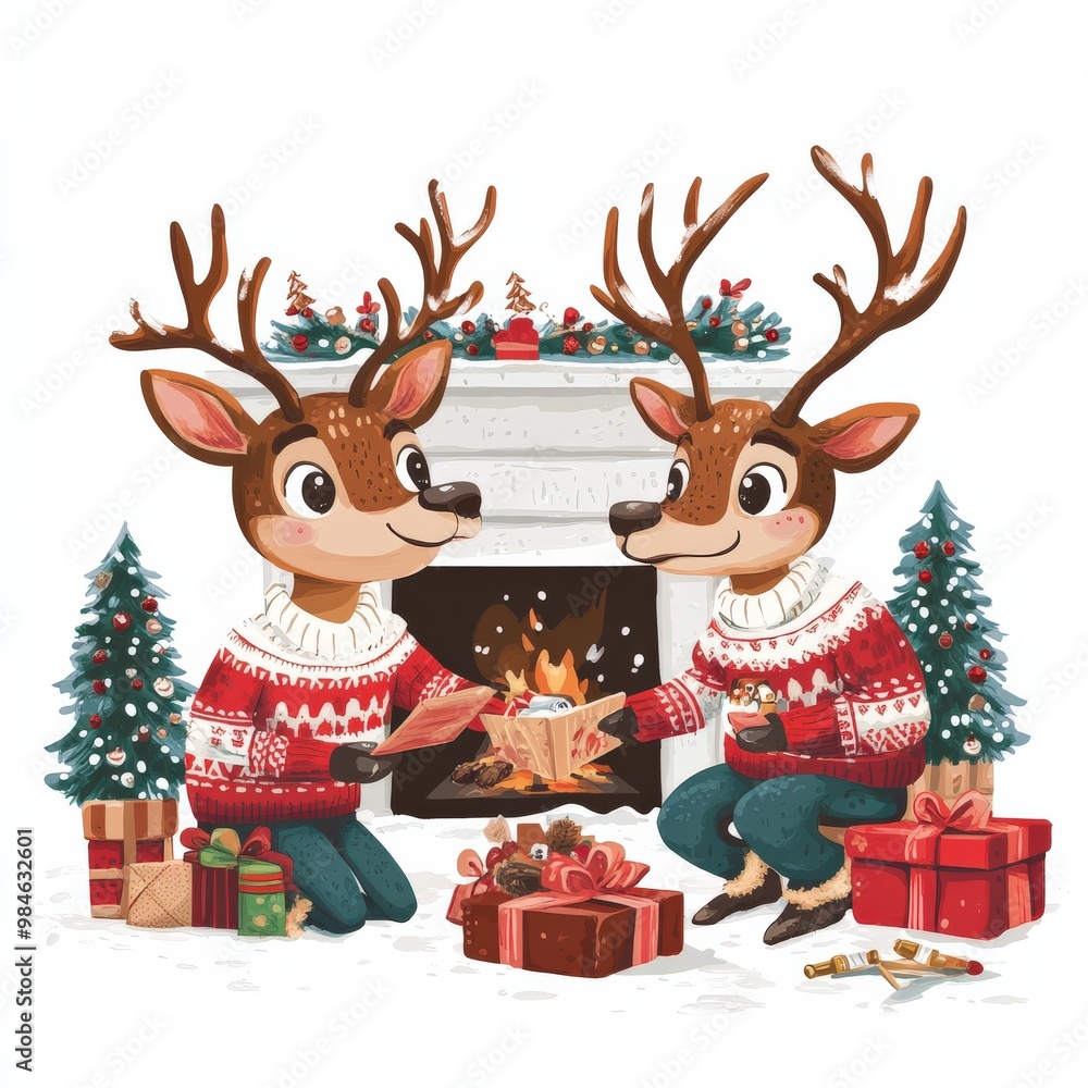 Naklejka premium A joyful family of reindeer dressed in colorful Christmas sweaters opens presents near a warm fireplace, surrounded by holiday decorations and a cheerful atmosphere
