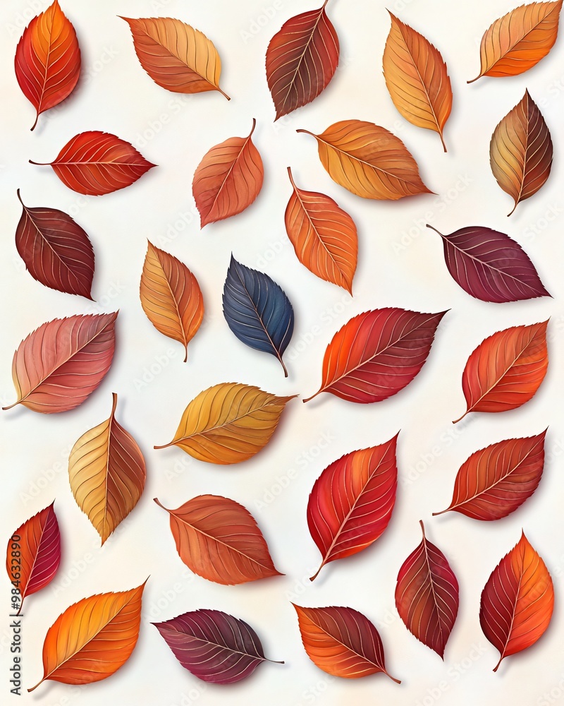 A collection of autumn leaves in various shades of red, orange, yellow, and brown, scattered on a white background. A collection of autumn leaves in various shades of red, orange, yellow, and brown, scattered on a white background.
