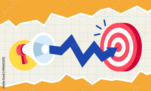 Target Marketing Vector Illustration with Megaphone and Arrow Graph on Grid Paper and Orange Background