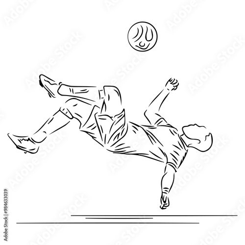 line art illustration of footballer action bycycle kick