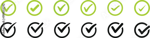 Check marks set. Check mark green vector icons, Simple check marks. Checklist symbols.  Approval check flat style. Correct vote choise isolated symbol.