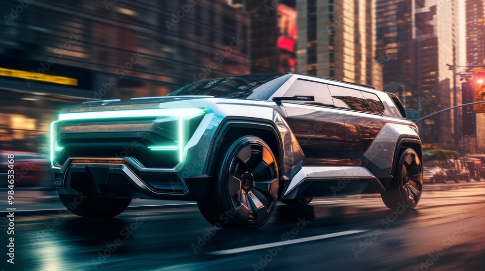 Futuristic SUV car in fictional neon city. Neural network ai generated art Futuristic SUV car in fictional neon city. Neural network ai generated art