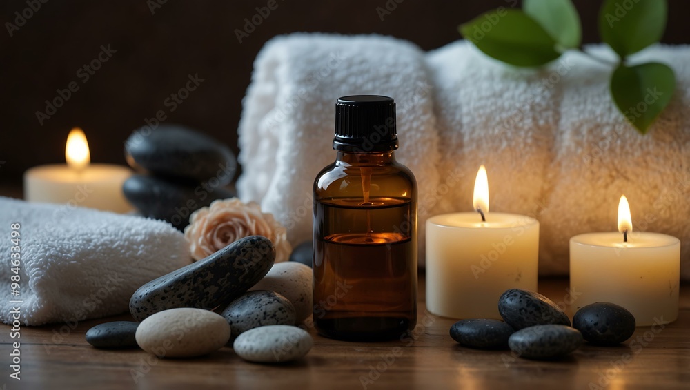 Spa Scene with Essential Oils, Candles, and Stones Spa Scene with Essential Oils, Candles, and Stones